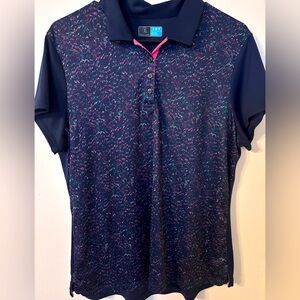 PGA Tour, XL, navy blue back and arms with pink, green, white diagonal specks.
